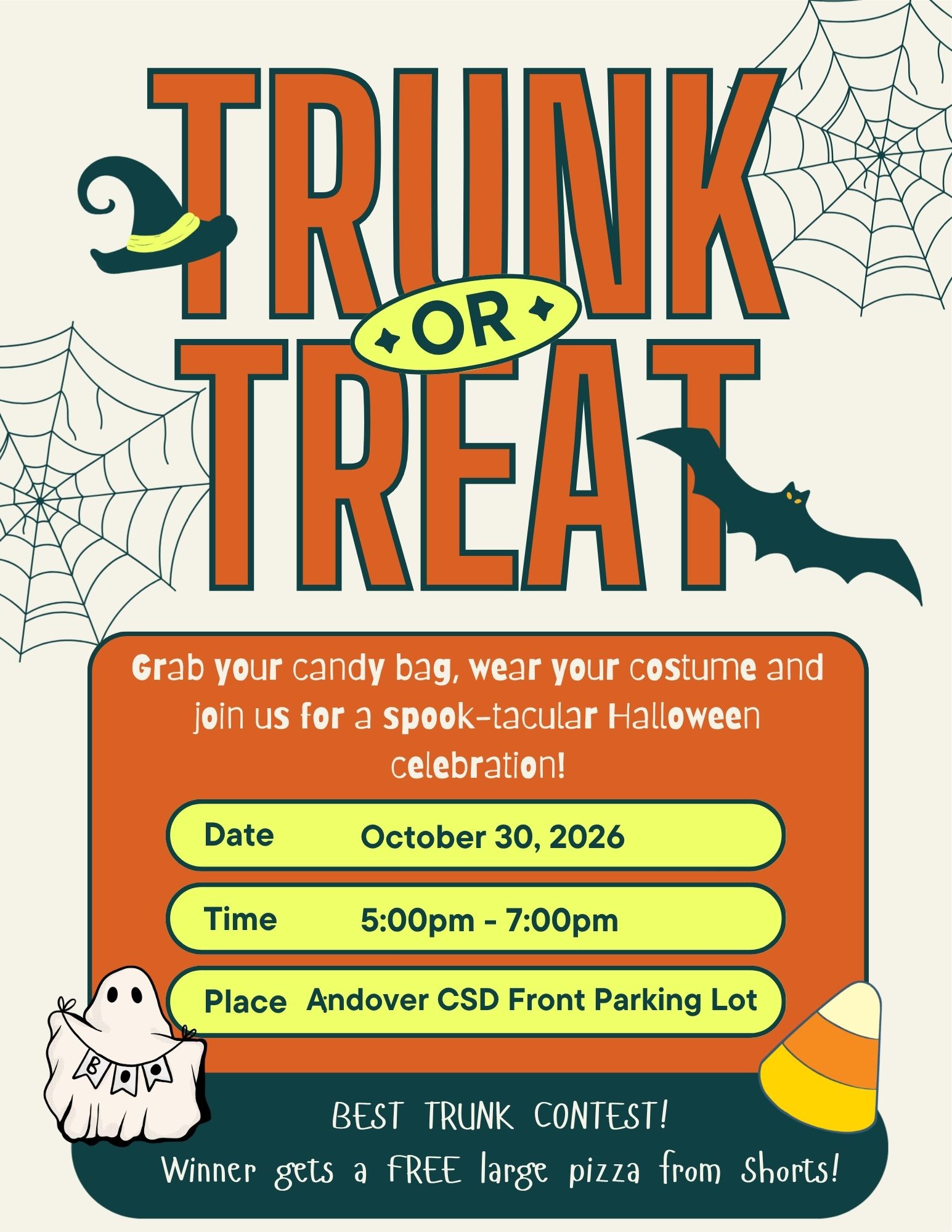 A colorful flyer for a 'Trunk or Treat' event featuring Halloween decorations like spiderwebs, bats, and a witch hat.